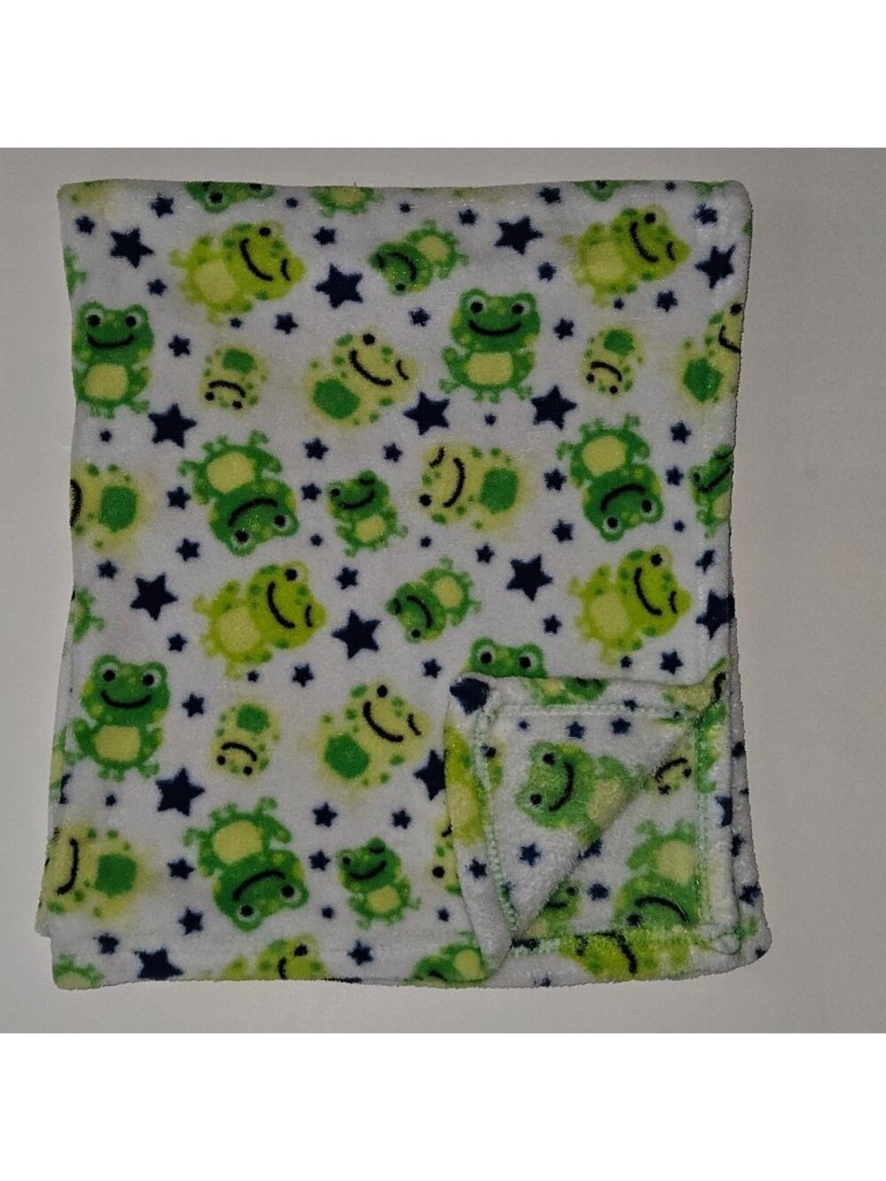 Cutie Pie Green Frog Fleece Baby Blanket Blue Stars  Boy Girl 30x36 Soft